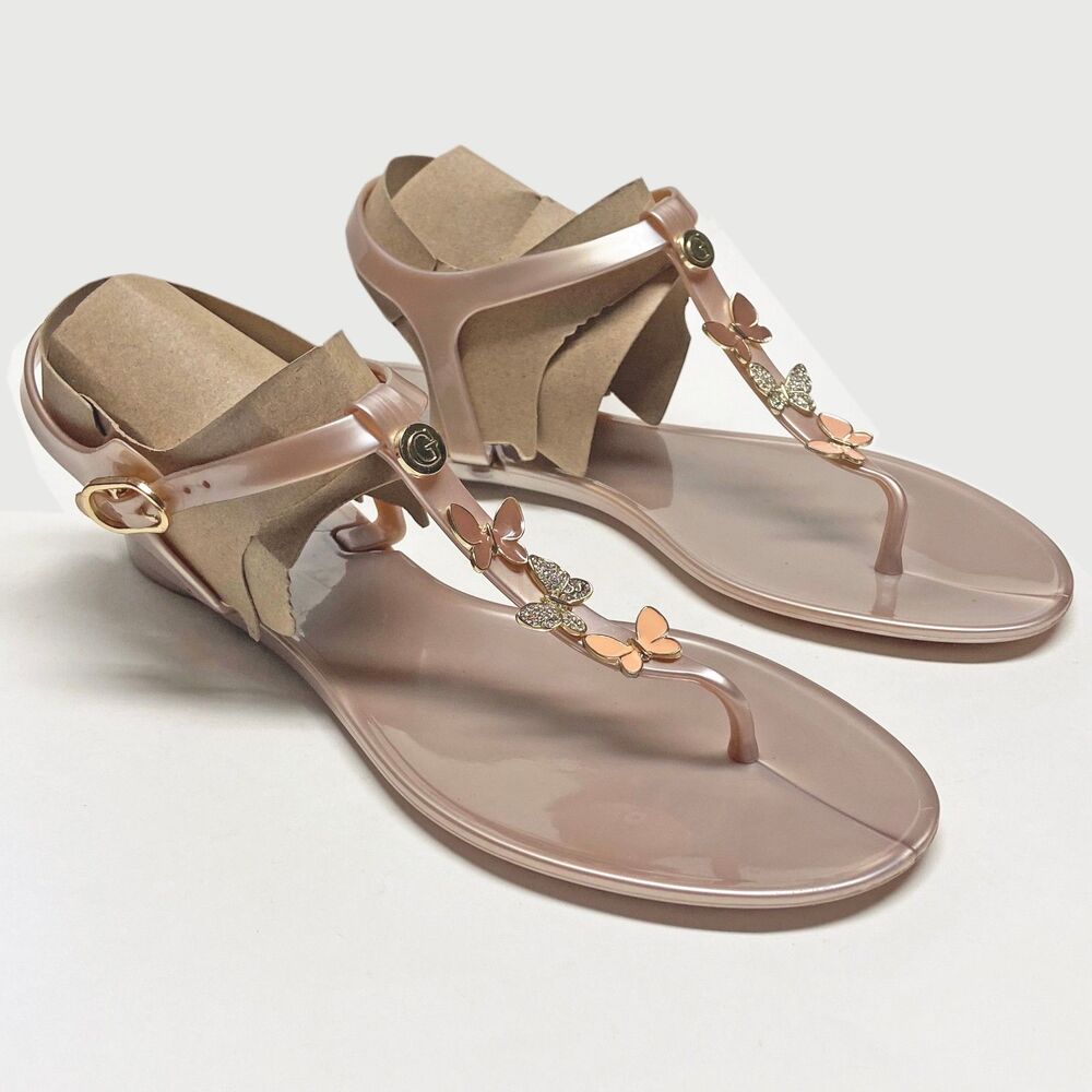 Guess Champagne T-Strap Jelly Sandals Size 10 Enamel & Rhinestone Butterflies